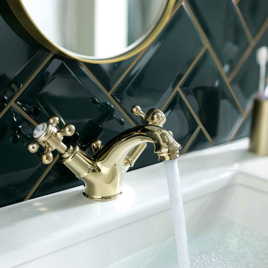 Aura Brushed Brass Traditional Basin Mixer Tap with Dual Handles and Waste brushed brass basin tap and waste