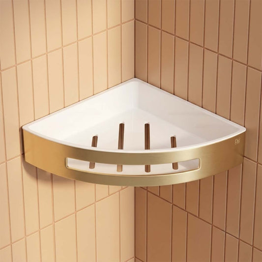 Brushed Gold Corner Basket with Shelf brushed brass single tier shower caddy with shelf