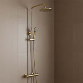 Brushed Brass Thermostatic Shower Mixer with Fixed Shower Head and Rigid Riser Shower Kit brushed brass thermostatic shower mixer with rigid riser