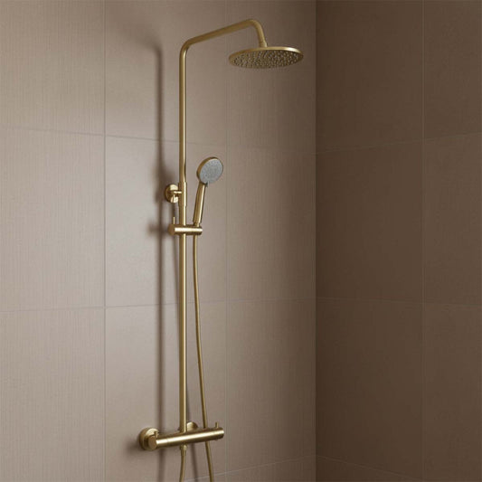 Brushed Brass Thermostatic Shower Mixer with Fixed Shower Head and Rigid Riser Shower Kit brushed brass thermostatic shower mixer with rigid riser