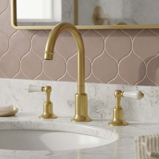 Brushed Brass Deck Mounted Traditional Three Hole Basin Tap with Waste brushed brass three hole traditional basin tap deck mounted