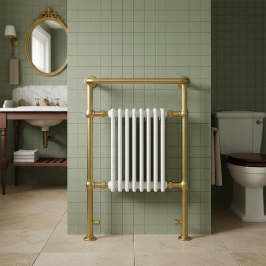 Brushed Brass Towel Radiator with Overhanging Rail Dual Fuel – 963mm x 673mm brushed brass traditional towel radiator with hanging rail