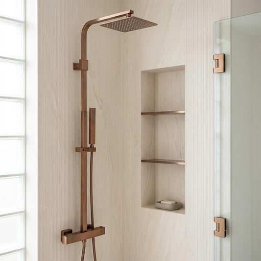 2 Outlet Exposed Thermostatic Bar Shower Valve with Fixed Head and Handset- Bushed Bronze brushed bronze exposed thermostatic shower valve with rigid riser and handset