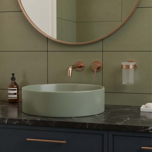 Round Tumbler Holder with a Glass Tumbler - Brushed Bronze brushed bronze tumbler with glass holder wall mounted