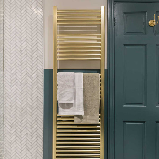 Straight Dual Fuel Brushed Brass Heated Towel Rail 1600mm x 500mm brushed gold heated towel rail