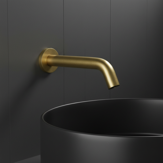 Brushed Brass Sensor Tap with Touchless Operation Mains and Battery - Wall Mounted brushed gold infrared touchless sensor tap