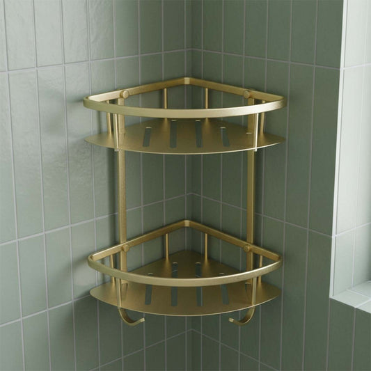 Double Corner Shower Basket with Hooks - Brushed Brass brushed gold corner shower caddy