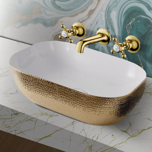 Mika Gold and White Ceramic Countertop Basin - 500x400x140mm ceramic countertop basin gold and white