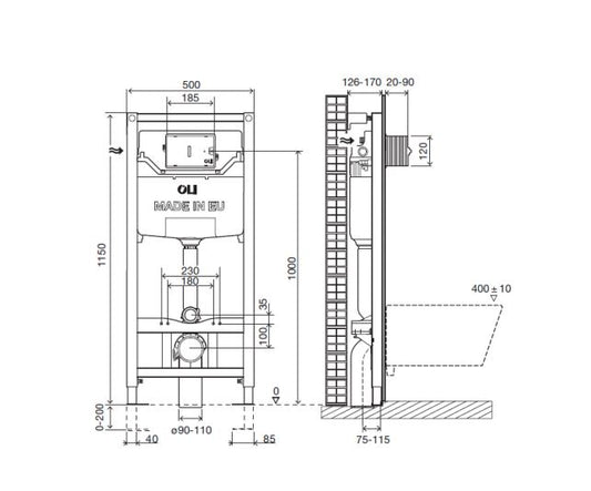 Dual Flush 1200mm Wall Hung Toilet Cistern Fast-Fit System with Brushed Bronze Flush Plate concealed cistern with bronze flush plate