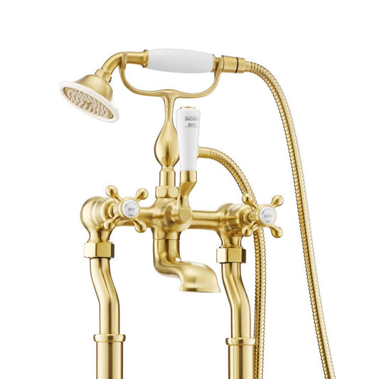 Aura Floor Standing Bath Shower Mixer Tap Brushed Brass Victorian bath tap with shower attachment
