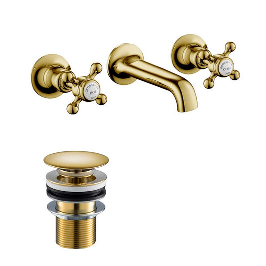 Gold Wall Mounted Basin Mixer Tap & Slotted Waste gold_basin_tap_wall_mounted_with_basin_waste