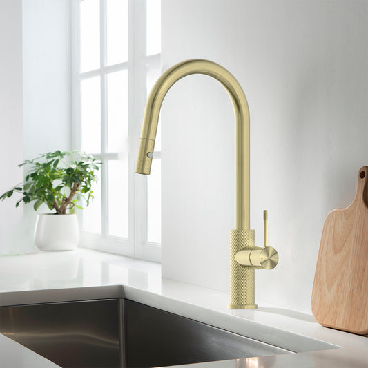 Brushed Gold Kitchen Tap with Pull Out Spray and Designer Handle brushed gold pull out kitchen tap