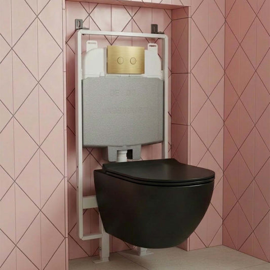 1.2m Slim Concealed Wall Hung WC Frame with Cistern & Wortex Matt Black Rimless Toilet with Seat & Brushed Brass Flush Plate matt black toilet with cistern 1.2m frame and brushed brass flush plate