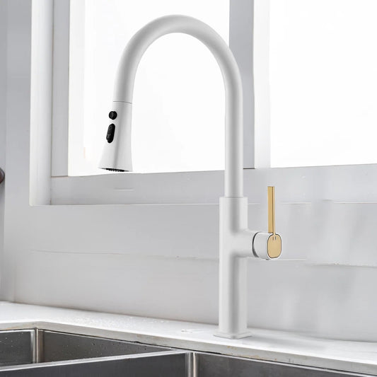 White Pull-Out Spray Kitchen Tap with Single Lever white kitchen tap with pull out spray