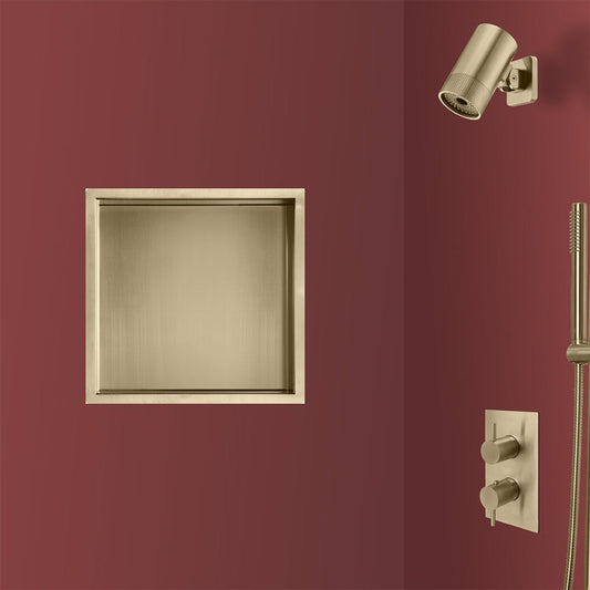 Gold Shower Niche - Square 300mm x 300mm brushed gold shower niche