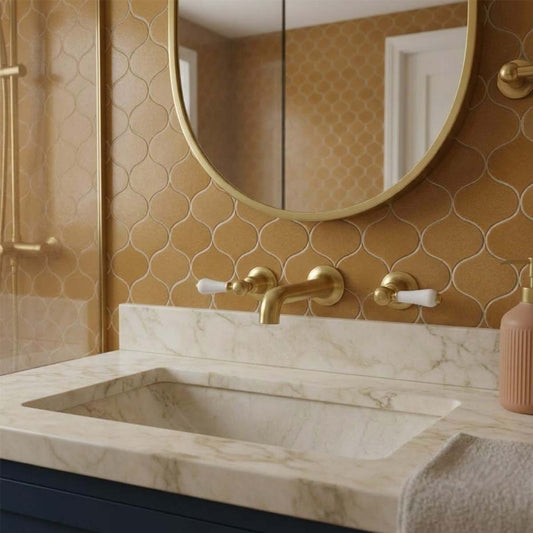 Brushed Brass Wall Mounted 3 Hole Basin Mixer Tap with White Lever Handle three hole basin tap with lever handles brushed brass
