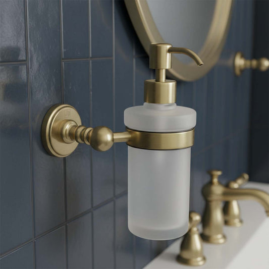 Wall Mounted Soap Dispenser with Frosted Glass - Brushed Brass traditional brushed brass soap dispenser
