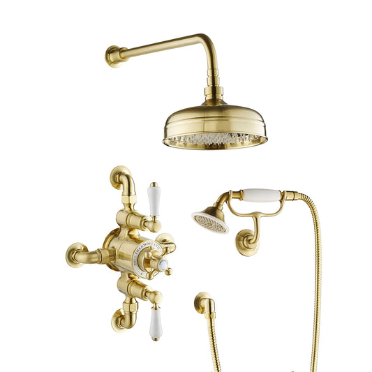 Aura Traditional Thermostatic Exposed Valve with 2 Outlets – Brushed Brass traditional concealed shower valve with 2 outlets