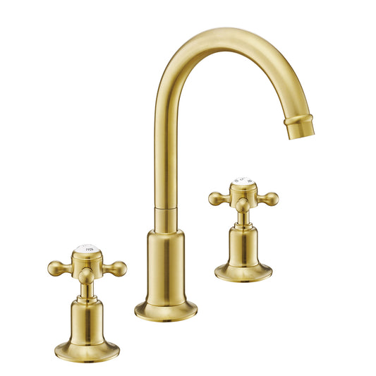 Aura 3 Hole Deck-Mounted Basin Mixer Tap with Waste - Brushed Brass Victorian brushed brass basin mixer