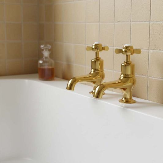 Traditional Deck Mounted Bath Pillar Taps Pinch Handle - Gold traditional deck mounted bath pillar taps