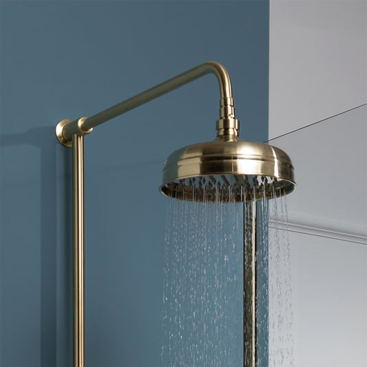 Aura Exposed Thermostatic Valve with Shower Riser, Fixed Shower Head and Kit - Brushed Brass brushed brass traditional shower