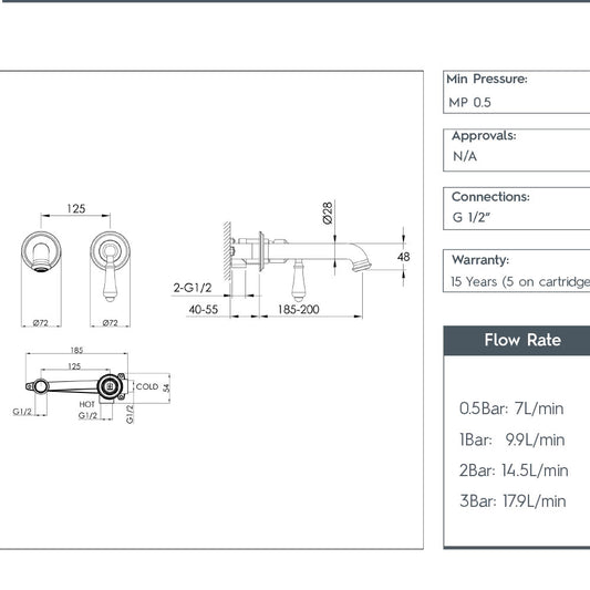 Wall Mounted Traditional Lever Basin Tap - Polished Gold Traditional wall mounted lever basin tap - Technical drawing