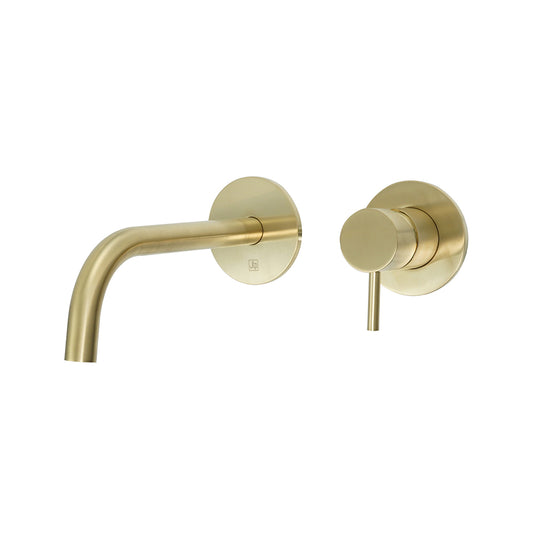 Gold Single Lever Wall Mounted Basin Mixer Tap with Slim Spout- Brushed Brass 150mm,200mm,250mm wall_mounted_gold_basin_mixer_tap