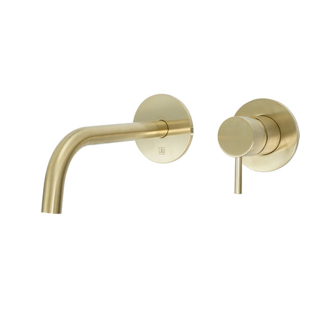 Single Lever Wall Mounted Basin Mixer with Slim Spout & Designer Handle - Brushed Brass 150mm,200mm,250mm