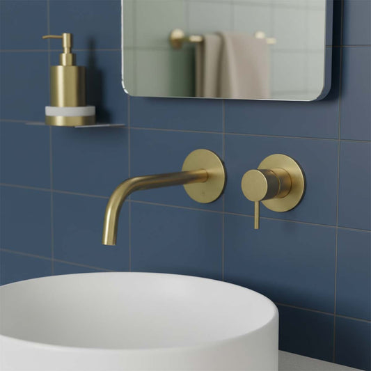 Wall Mounted Single Lever Basin Mixer Tap with Knurled Lever - Brushed Brass wall mounted tap - brushed brass