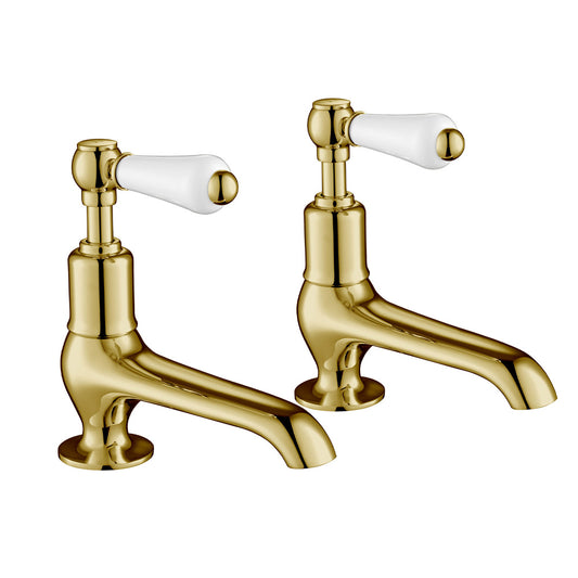 Traditional Deck Mounted Long Nose Basin Pillar Taps with Lever Handles Brushed gold traditional lever basin taps