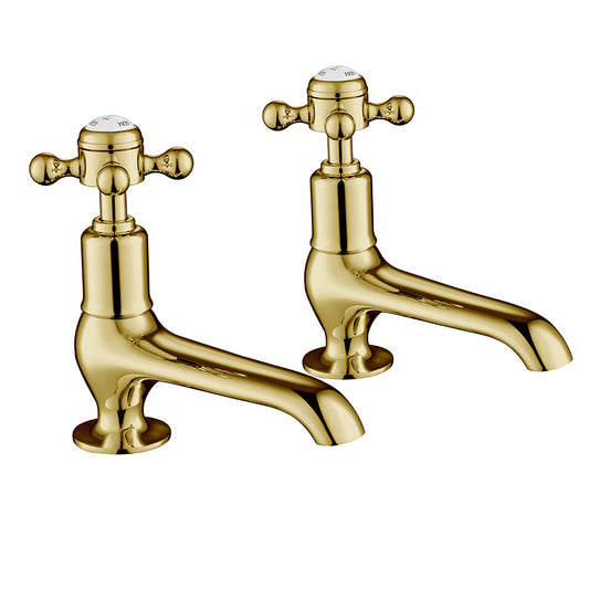 Traditional Long Nose Crosshead Basin Pillar Taps - Polished Gold antique gold traditional basin taps