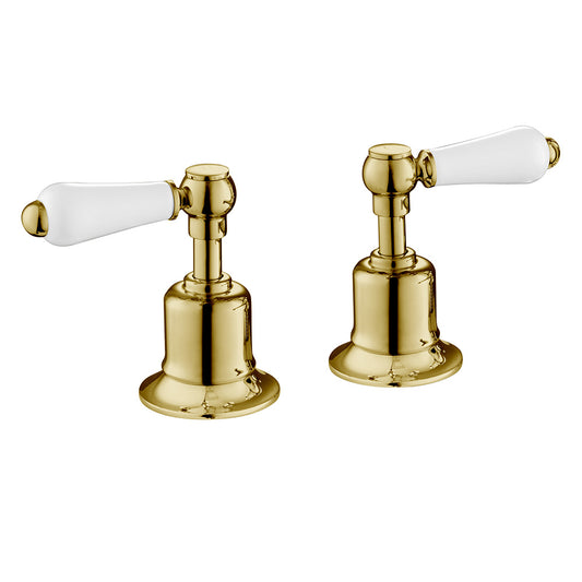 Polished Gold Panel Valves with White Lever Handles - Deck Mounted gold deck mounted valves