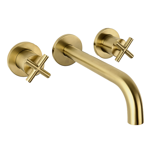 Wall Mounted 3-Hole Basin Mixer Tap with Crosshead Handles - Brushed Brass brushed brass wall mounted basin mixer tap