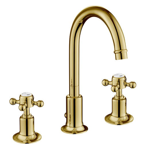 3-Hole Basin Mixer Tap with Crosshead Handles and Pop up Waste - Polished Gold vintage gold tap 3 hole deck mounted