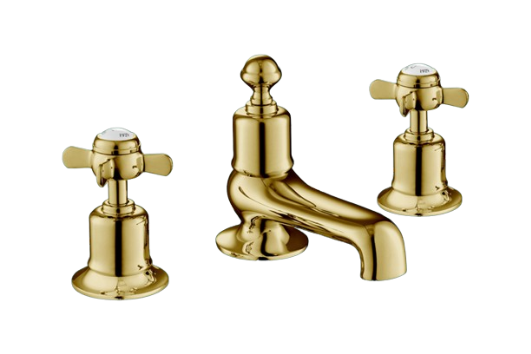 Elevate Your Bathroom Aesthetics with the 3 Hole Wall-Mounted Basin Mixer Tap Crosshead in Brushed Brass Finish
