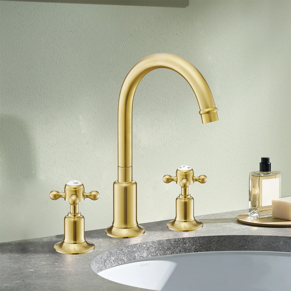 Brushed Brass Traditional Cross Basin Taps | Bath Mixer Taps