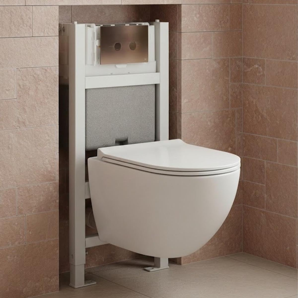 0.82m Pre-wall Freestanding W.C Frame & White Rimless Toilet with Seat & Bronze Flush Plate