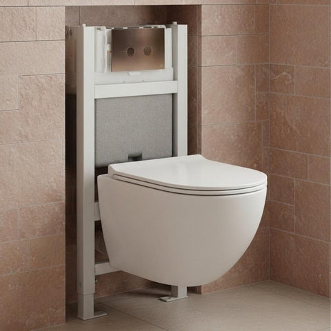 0.82m Pre-wall Freestanding W.C Frame & White Rimless Toilet with Seat & Bronze Flush Plate