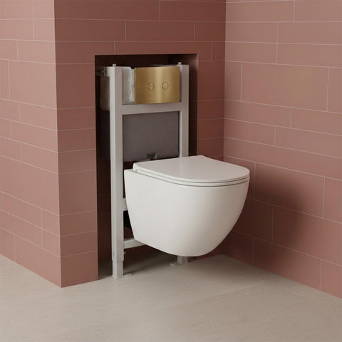 0.82m Pre-wall Freestanding W.C Frame & White Rimless Toilet with Seat & Brushed Brass Flush Plate