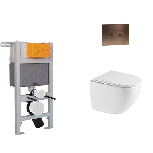 0.82m Pre-wall Freestanding W.C Frame & White Wall Hung Rimless Toilet with Seat & Bronze Flush Plate