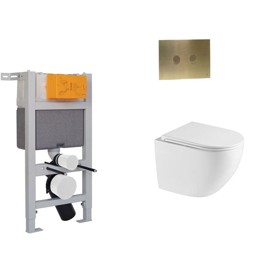 0.82m Pre-wall Freestanding W.C Frame & White Wall Hung Rimless Toilet with Seat & Brushed Brass Flush Plate