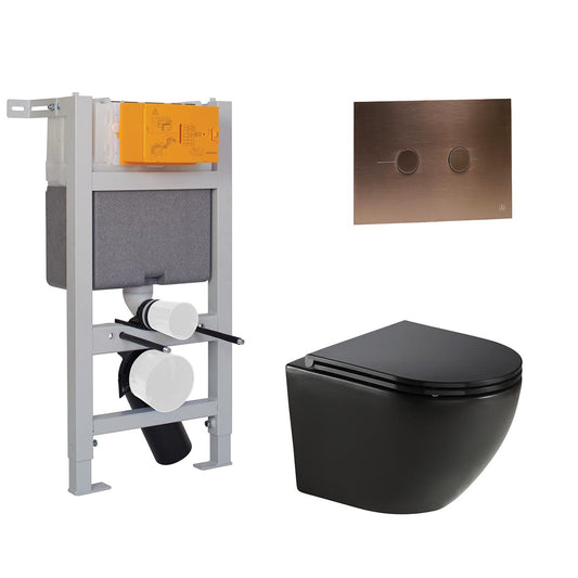 0.82m concealed WC frame with tornado black wall hung toilet and bronze flush plate 
