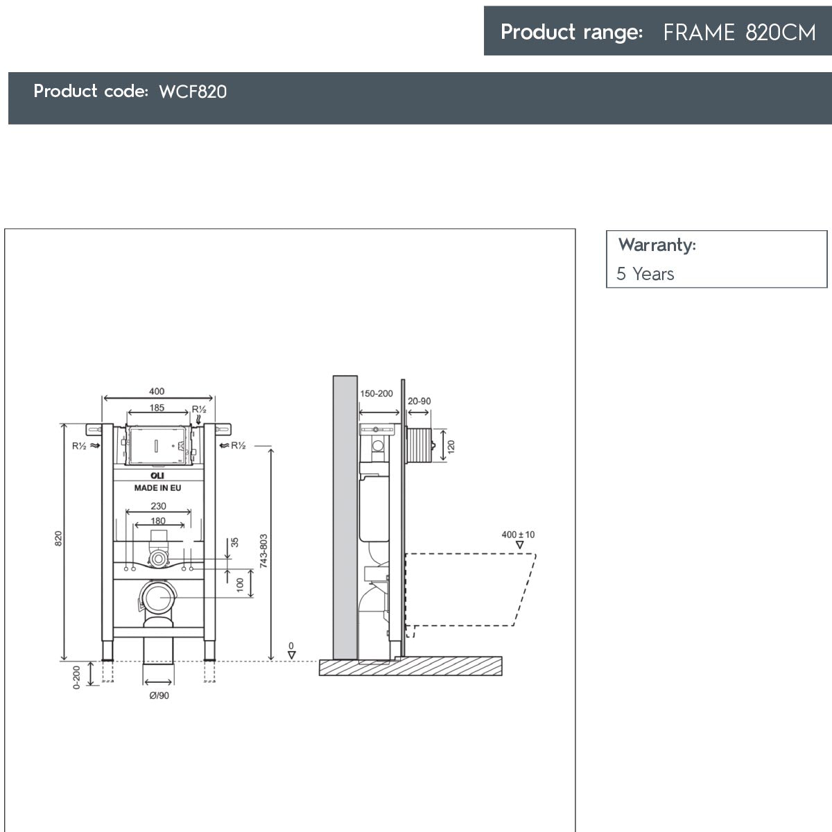 0.82m wall hung wc frame 