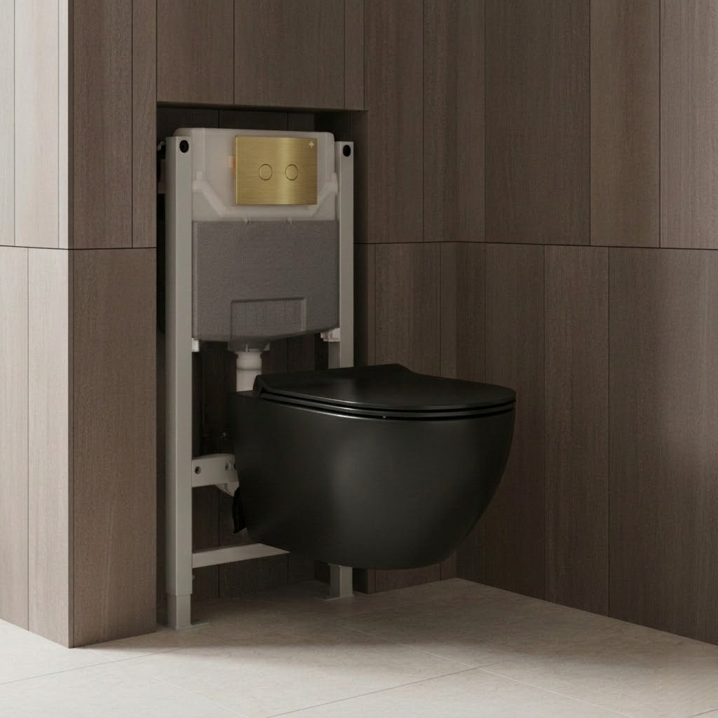 0.980m Freestanding WC Frame, Matt Black Rimless Toilet with Seat & Brushed Brass Flush Plate