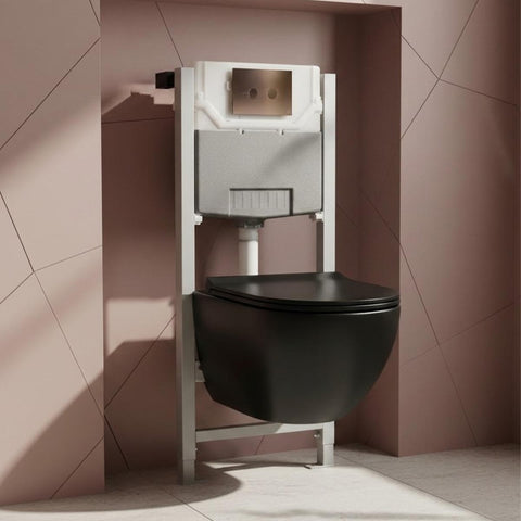 0.980m Freestanding WC Frame, Matt Black Rimless Toilet with Seat & Brushed Bronze Flush Plate