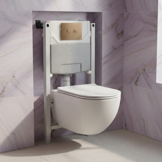 0.980m Freestanding WC Frame, White Tornado Wall Hung Rimless Toilet with Seat & Brushed Brass Flush Plate