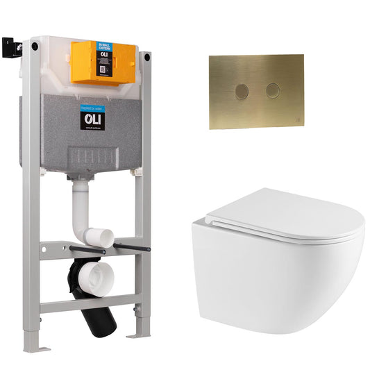 0.980m Freestanding WC Frame, White Wall Hung Rimless Toilet with Seat & Brushed Brass Flush Plate