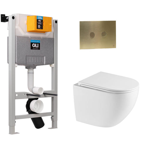 0.980m Freestanding WC Frame, White Wall Hung Rimless Toilet with Seat & Brushed Brass Flush Plate