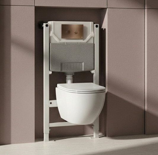 0.980m Freestanding WC Frame, White Wall Hung Rimless Toilet with Seat & Brushed Bronze Flush Plate