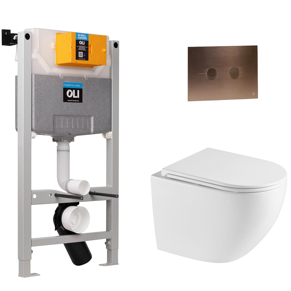 0.980m Freestanding WC Frame, White Wortex Wall Hung Rimless Toilet with Seat & Brushed Bronze Flush Plate